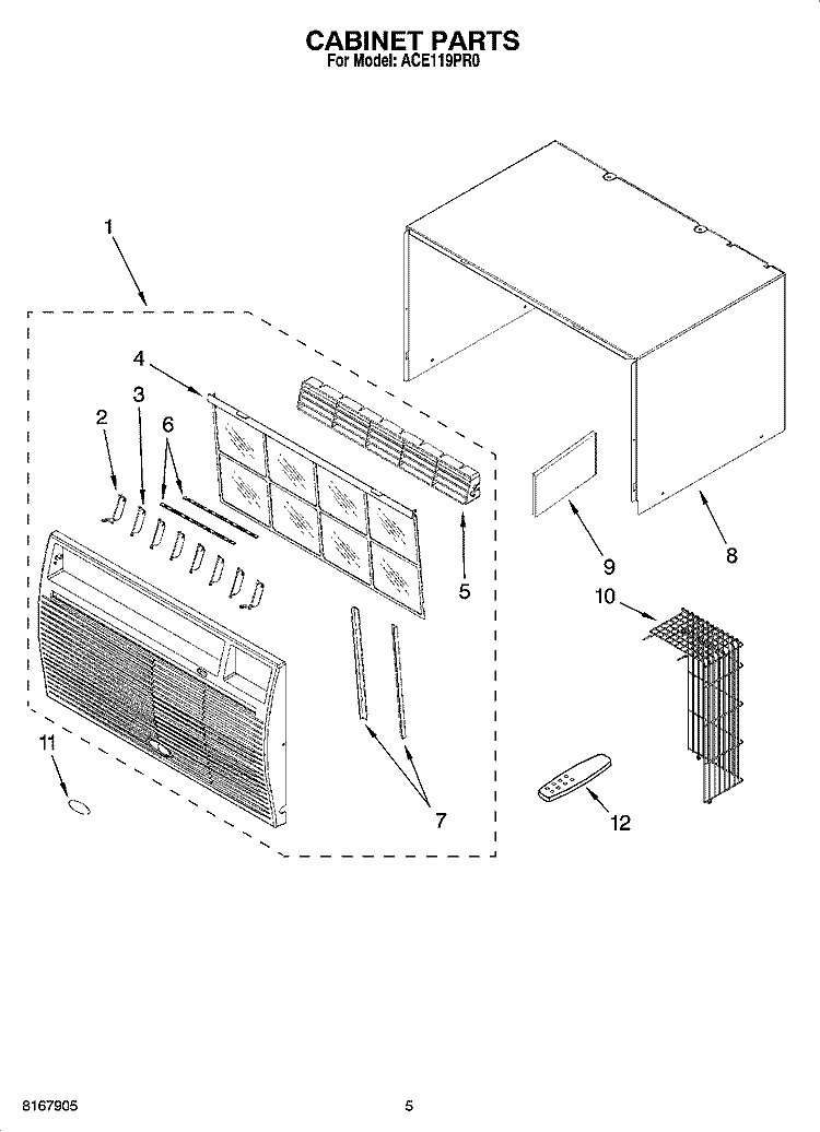 CABINET PARTS Diagram and Parts List for ACE119PR0  Whirlpool Air Conditioner