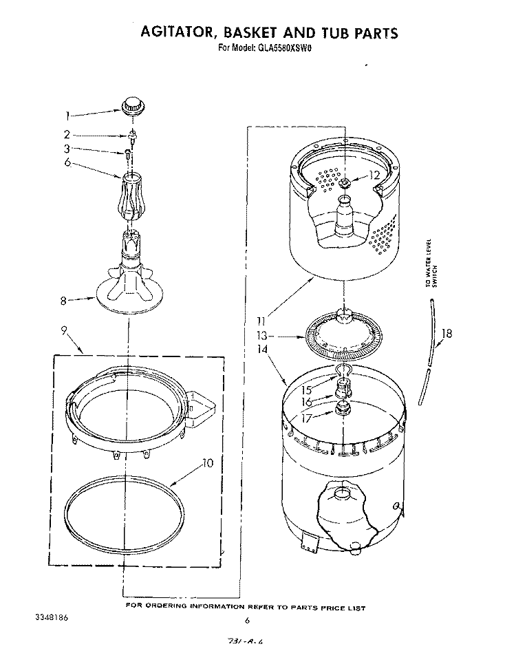 AGITATOR, BASKET AND TUB Diagram and Parts List for GLA5580XSW0  Whirlpool Washer