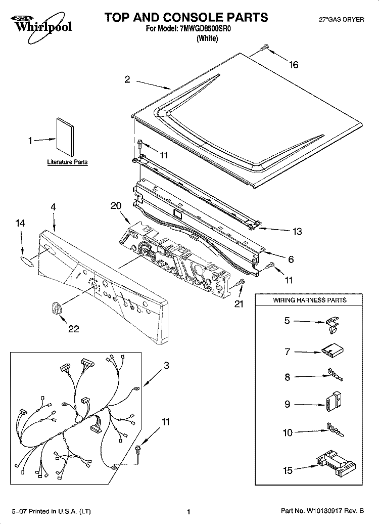 TOP AND CONSOLE PARTS Diagram and Parts List for 7MWGD8500SR0  Whirlpool Dryer