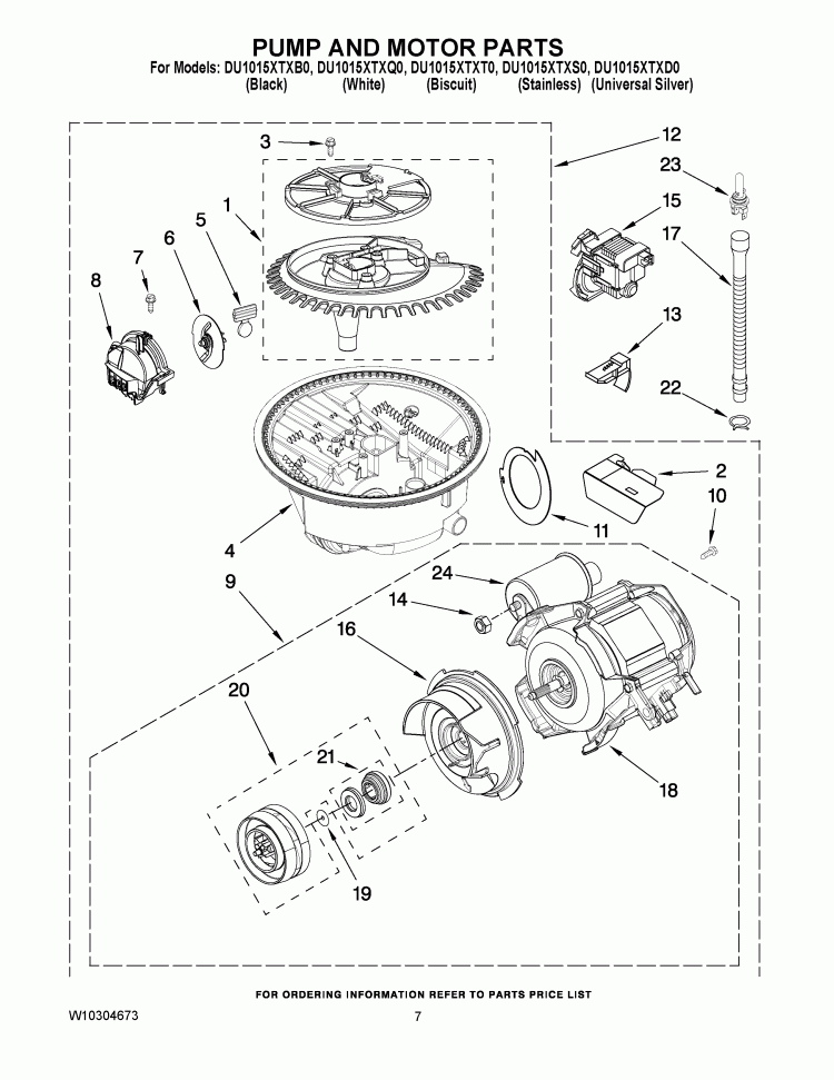 PUMP AND MOTOR PARTS Diagram and Parts List for DU1015XTXS0  Whirlpool Dishwasher