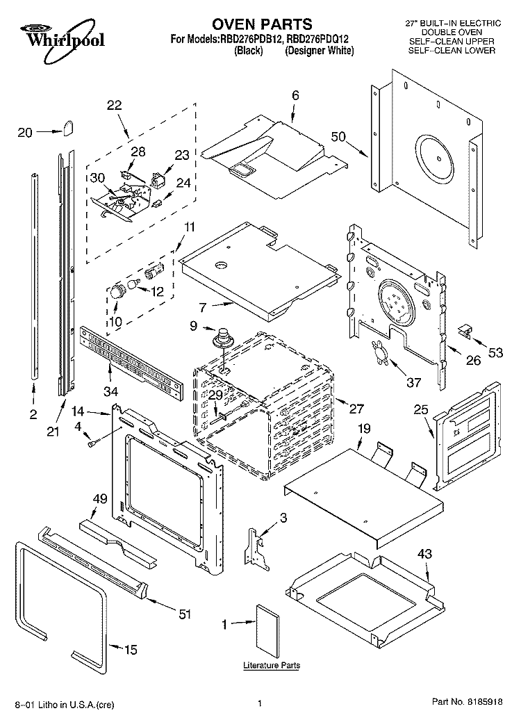 OVEN, LITERATURE Diagram and Parts List for RBD276PDQ12  Whirlpool Wall Oven