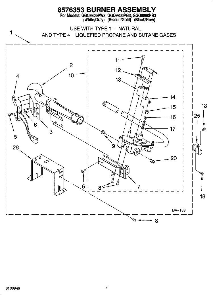 8576353 BURNER ASSEMBLY, OPTIONAL PARTS (NOT INCLUDED) Diagram and Parts List for GGQ9800PG3  Whirlpool Dryer