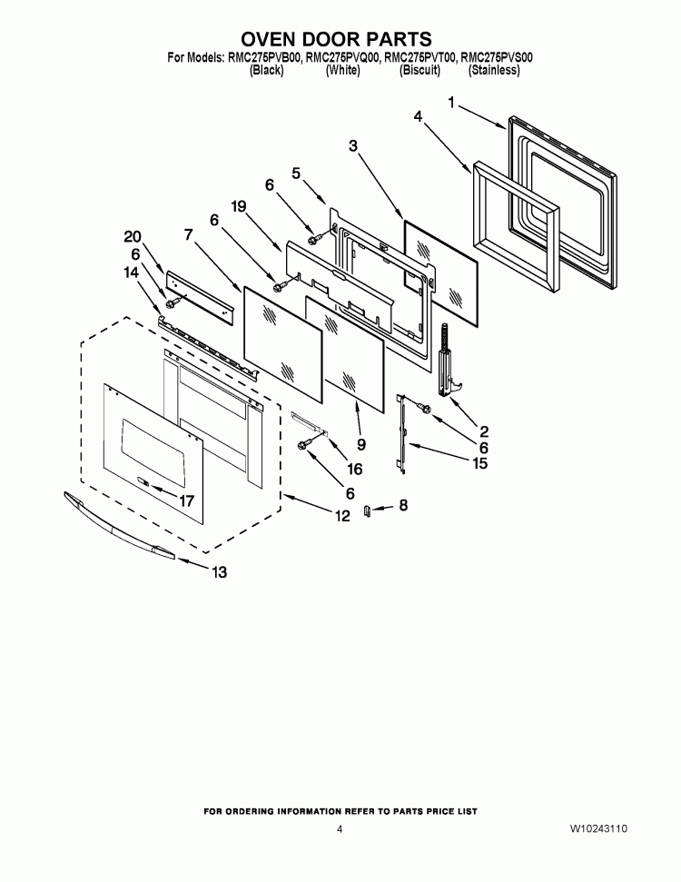 OVEN DOOR PARTS Diagram and Parts List for RMC275PVB00  Whirlpool Microwave Oven Combo