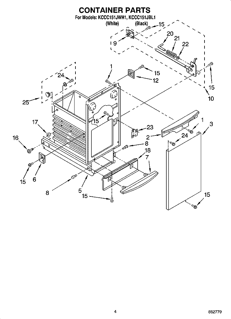 CONTAINER PARTS Diagram and Parts List for KCCC151JWH1  KitchenAid Trash Compactor