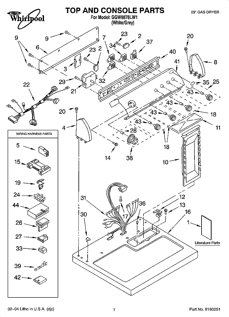 TOP AND CONSOLE PARTS Diagram and Parts List for GGW9878LW1  Whirlpool Dryer