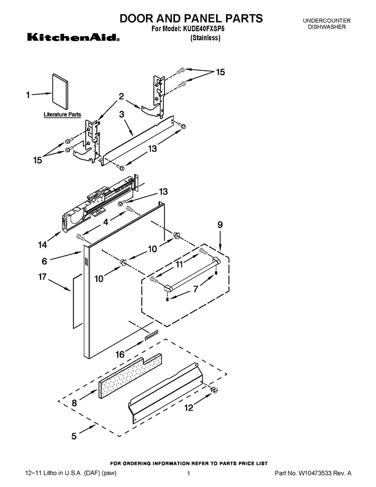 DOOR AND PANEL PARTS Diagram and Parts List for KUDE40FXSP5  KitchenAid Dishwasher