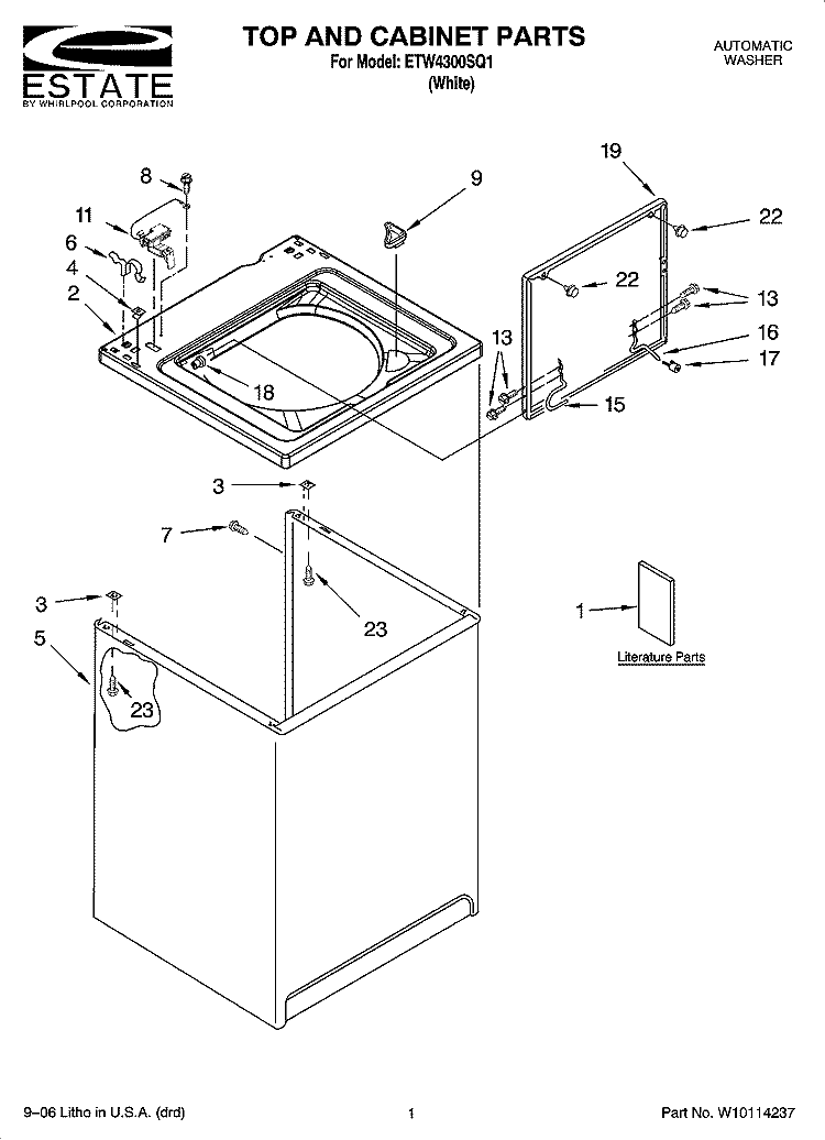 TOP AND CABINET PARTS Diagram and Parts List for ETW4300SQ1  Estate Washer