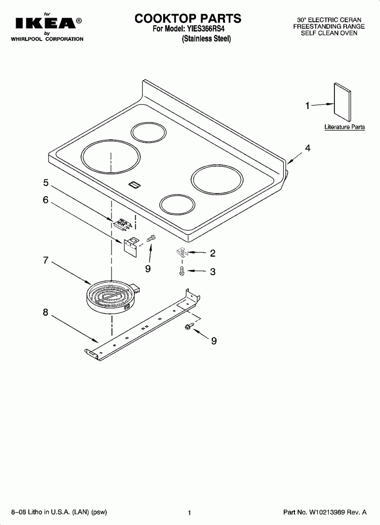 COOKTOP PARTS Diagram and Parts List for YIES366RS4  Whirlpool Range