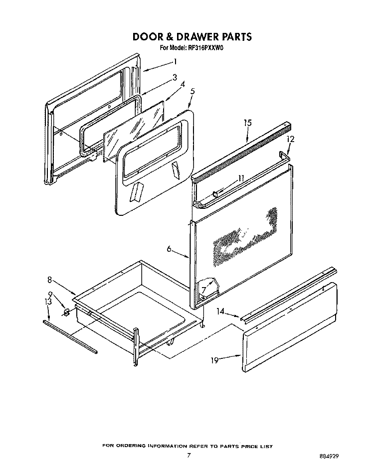 DOOR AND DRAWER Diagram and Parts List for RF316PXXN0  Whirlpool Range