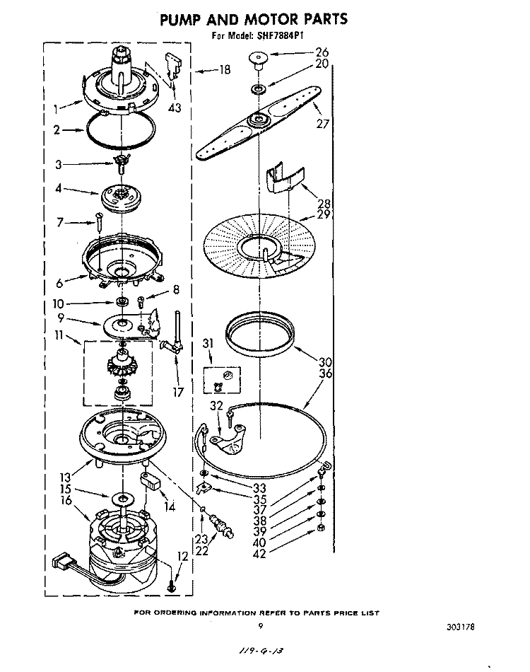PUMP AND MOTOR Diagram and Parts List for SHF7884P1  Whirlpool Dishwasher