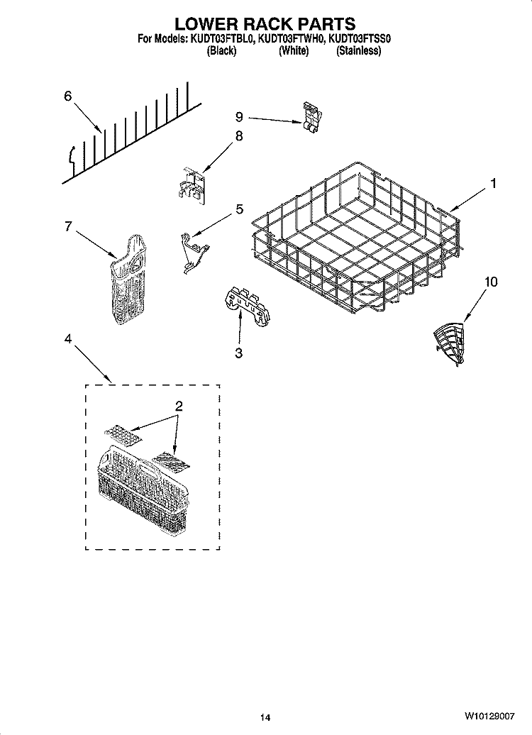 LOWER RACK PARTS Diagram and Parts List for KUDT03FTBL0  KitchenAid Dishwasher