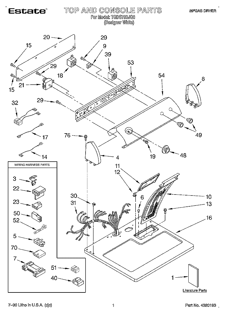 TOP AND CONSOLE, LIT/OPTIONAL Diagram and Parts List for TGDS780JQ0  Estate Dryer