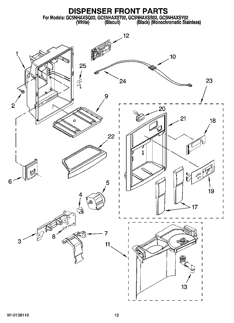DISPENSER FRONT PARTS Diagram and Parts List for GC5NHAXSQ02  Whirlpool Refrigerator