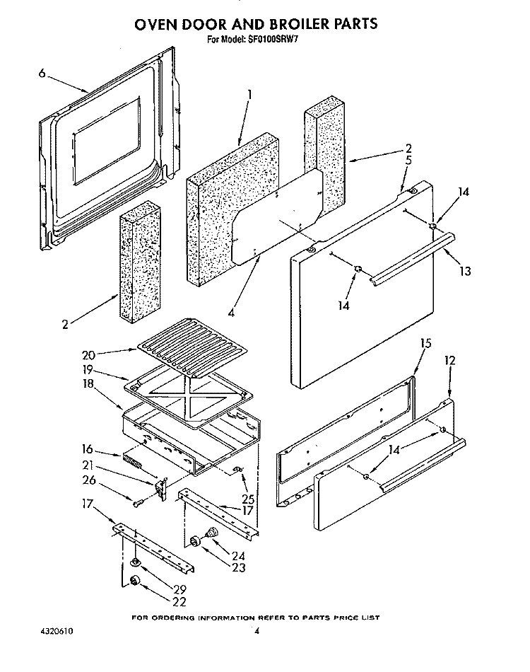 OVEN DOOR AND BROILER Diagram and Parts List for SF0100SRW7  Whirlpool Range