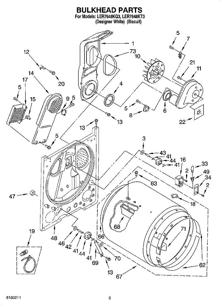 BULKHEAD PARTS Diagram and Parts List for LER7648KQ3  Whirlpool Dryer