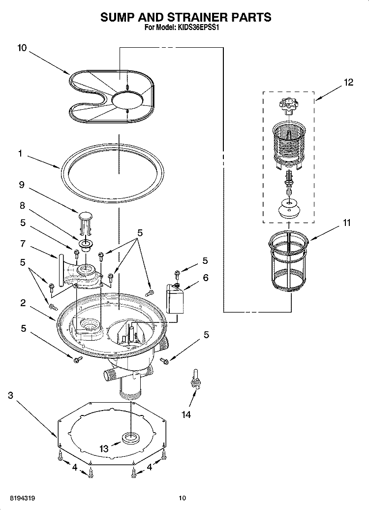 SUMP AND STRAINER PARTS Diagram and Parts List for KIDS36EPSS1  KitchenAid Dishwasher