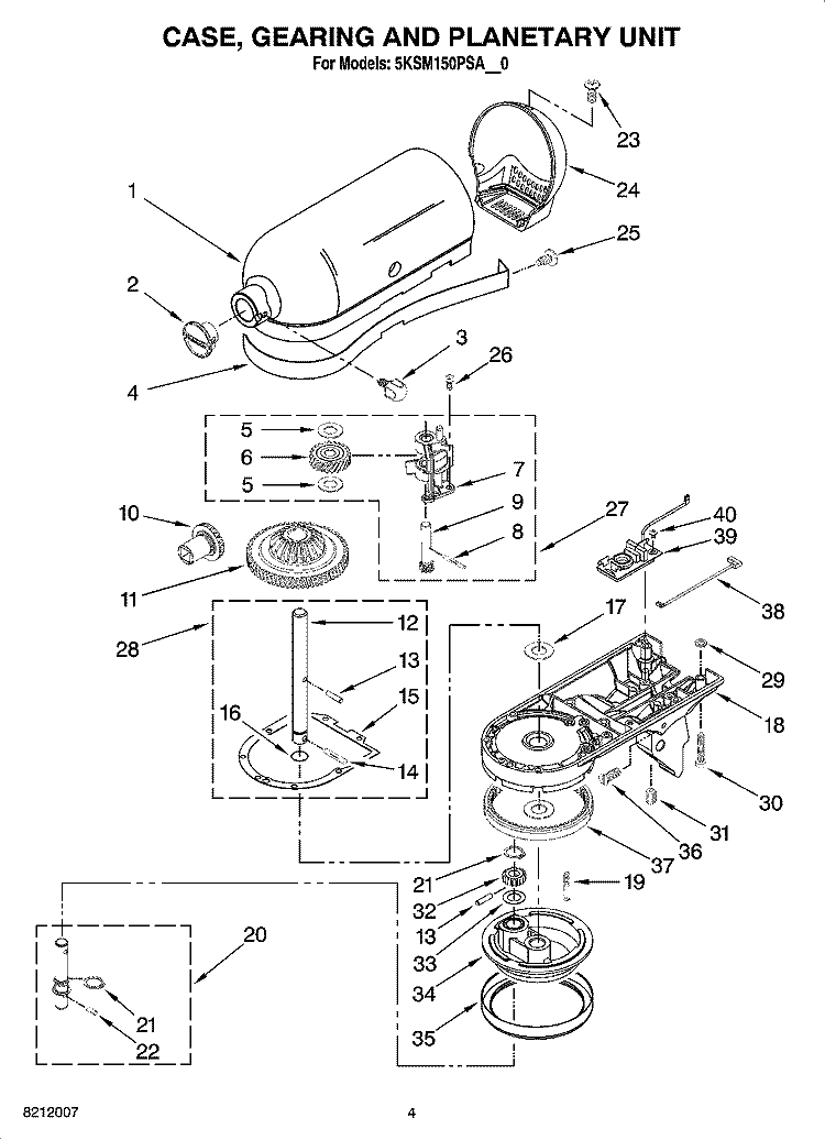 CASE, GEARING AND PLANETARY UNIT Diagram and Parts List for 5KSM150PSABU0  KitchenAid Mixer