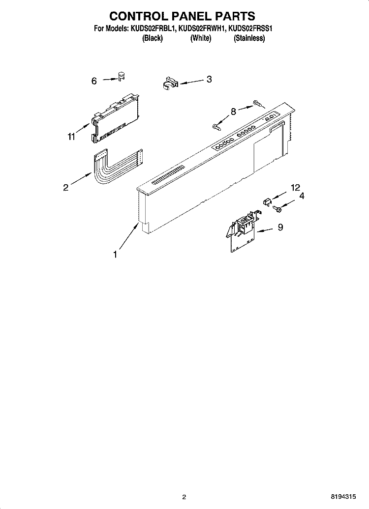 CONTROL PANEL PARTS Diagram and Parts List for KUDS02FRWH1  KitchenAid Dishwasher