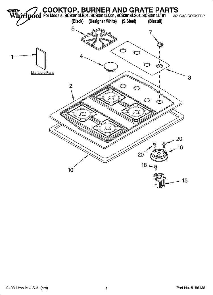 COOKTOP, BURNER AND GRATE PARTS Diagram and Parts List for SCS3614LB01  Whirlpool Cooktop