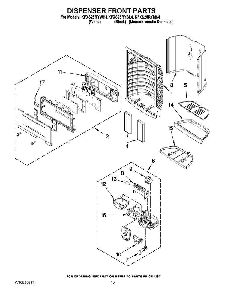 DISPENSER FRONT PARTS Diagram and Parts List for KFXS25RYWH4  KitchenAid Refrigerator