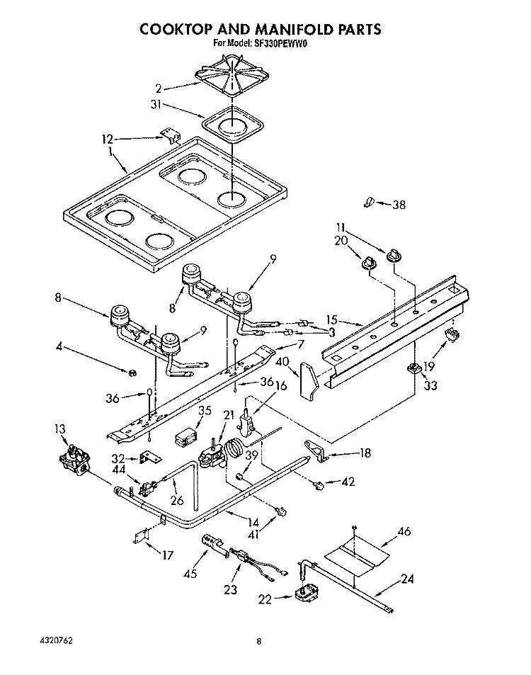 COOK TOP AND MANIFOLD , LITERATURE Diagram and Parts List for SF330PEWW0  Whirlpool Range
