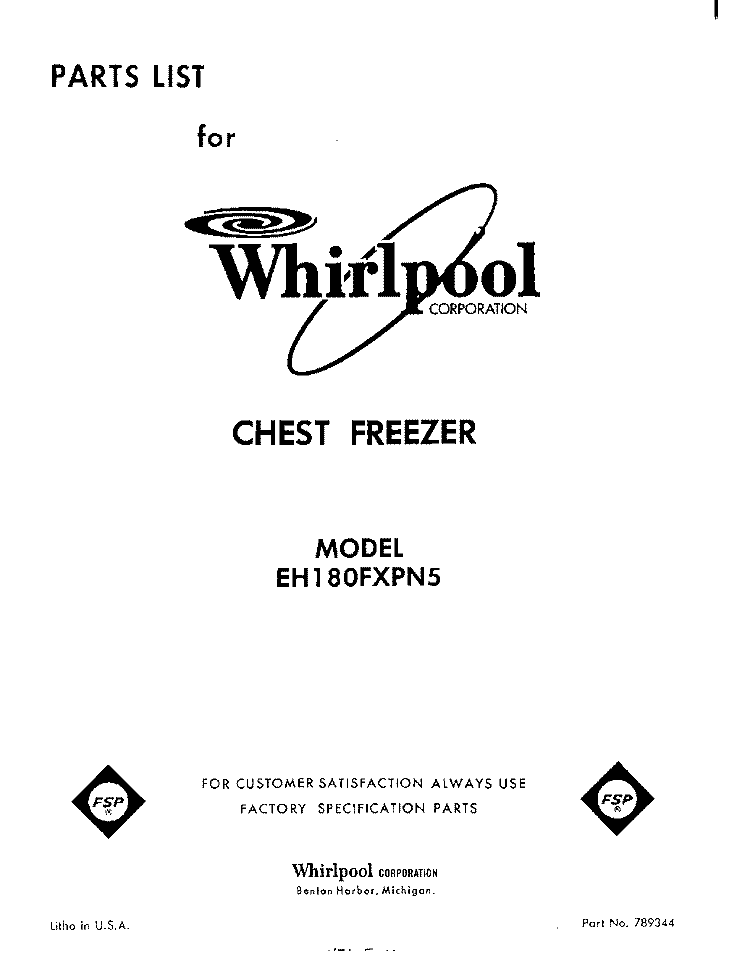 SECTION Diagram and Parts List for EH180FXPN5  Whirlpool Freezer