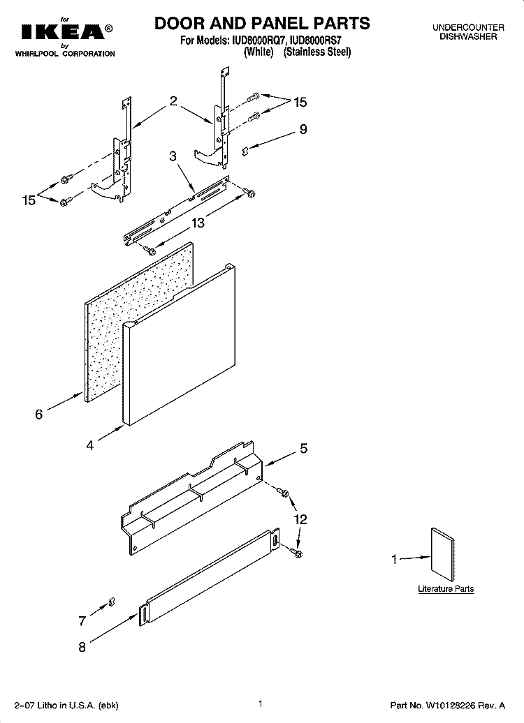 DOOR AND PANEL PARTS Diagram and Parts List for IUD8000RS7  Whirlpool Dishwasher