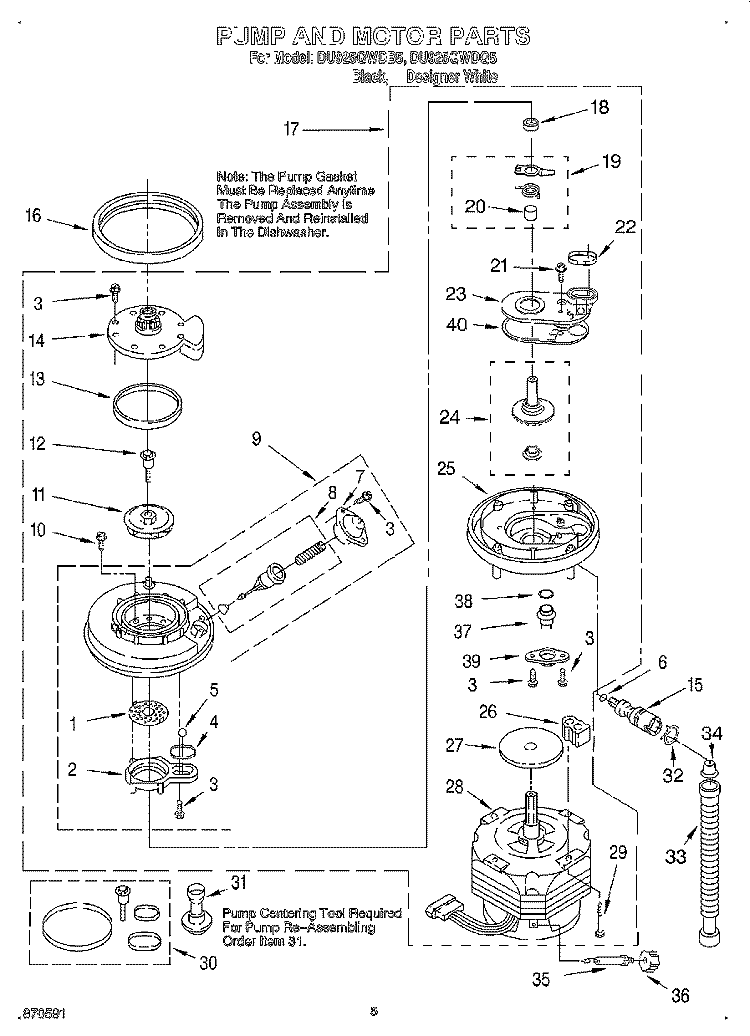 PUMP AND MOTOR Diagram and Parts List for DU925QWDQ5  Whirlpool Dishwasher