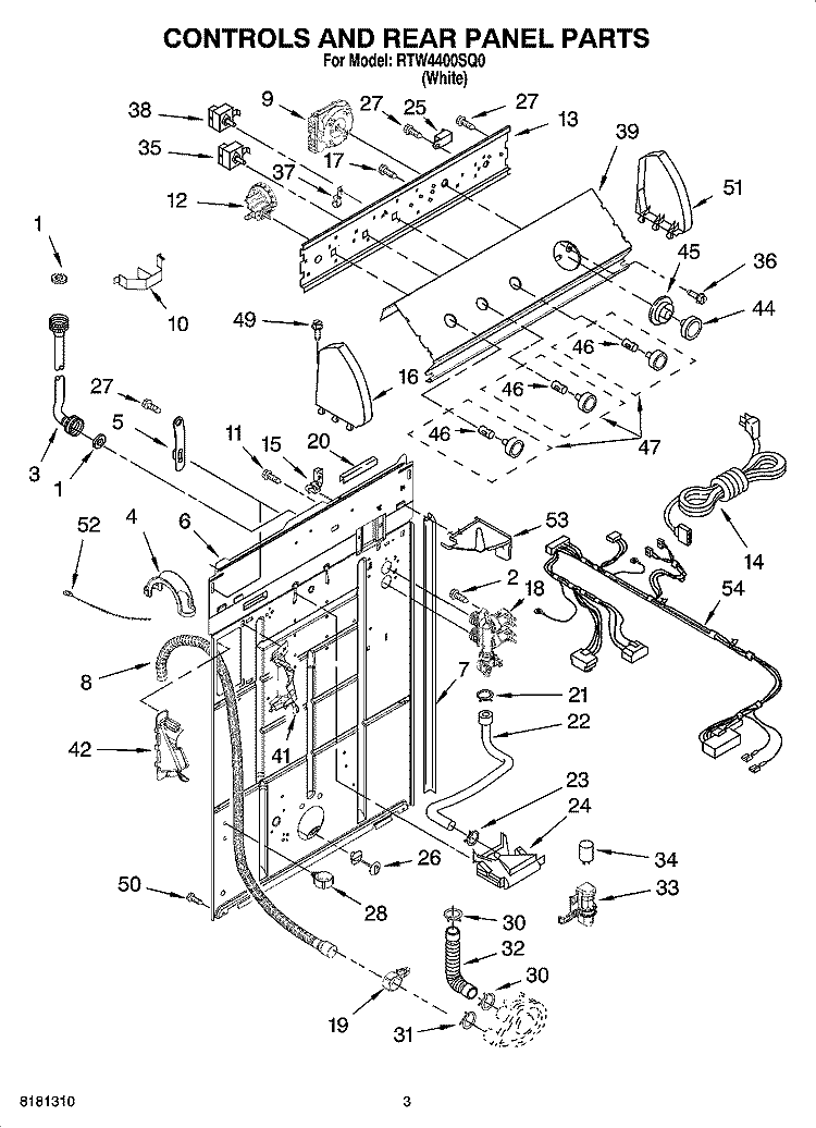 CONTROLS AND REAR PANEL PARTS Diagram and Parts List for RTW4400SQ0  Roper Washer