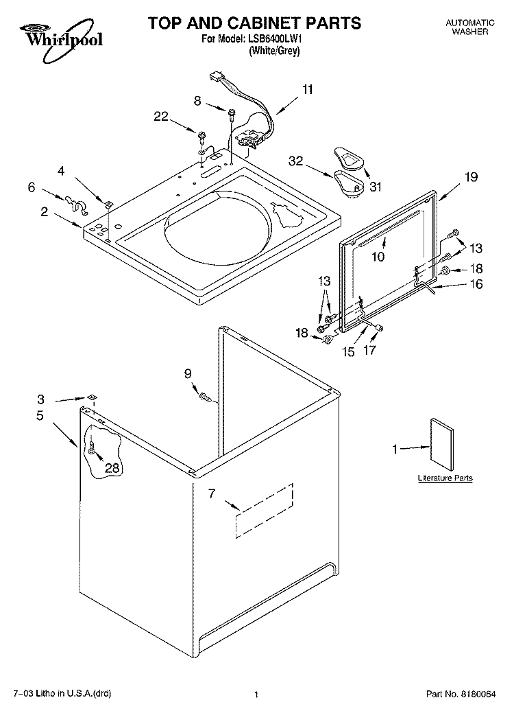 TOP AND CABINET PARTS Diagram and Parts List for LSB6400LW1  Whirlpool Washer