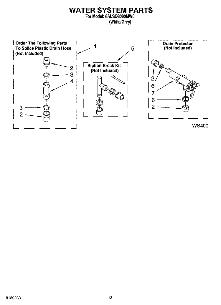 WATER SYSTEM PARTS Diagram and Parts List for 6ALSQ8000MW0  Whirlpool Washer