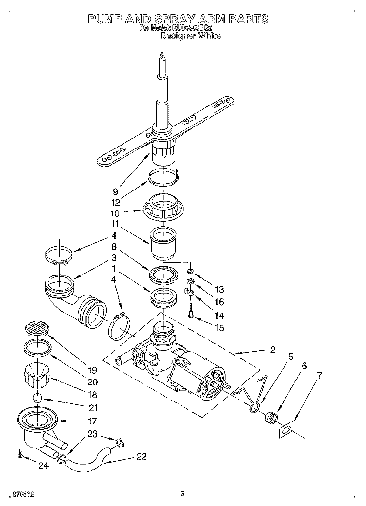 PUMP AND SPRAY ARM Diagram and Parts List for RUD4300DQ2  Roper Dishwasher