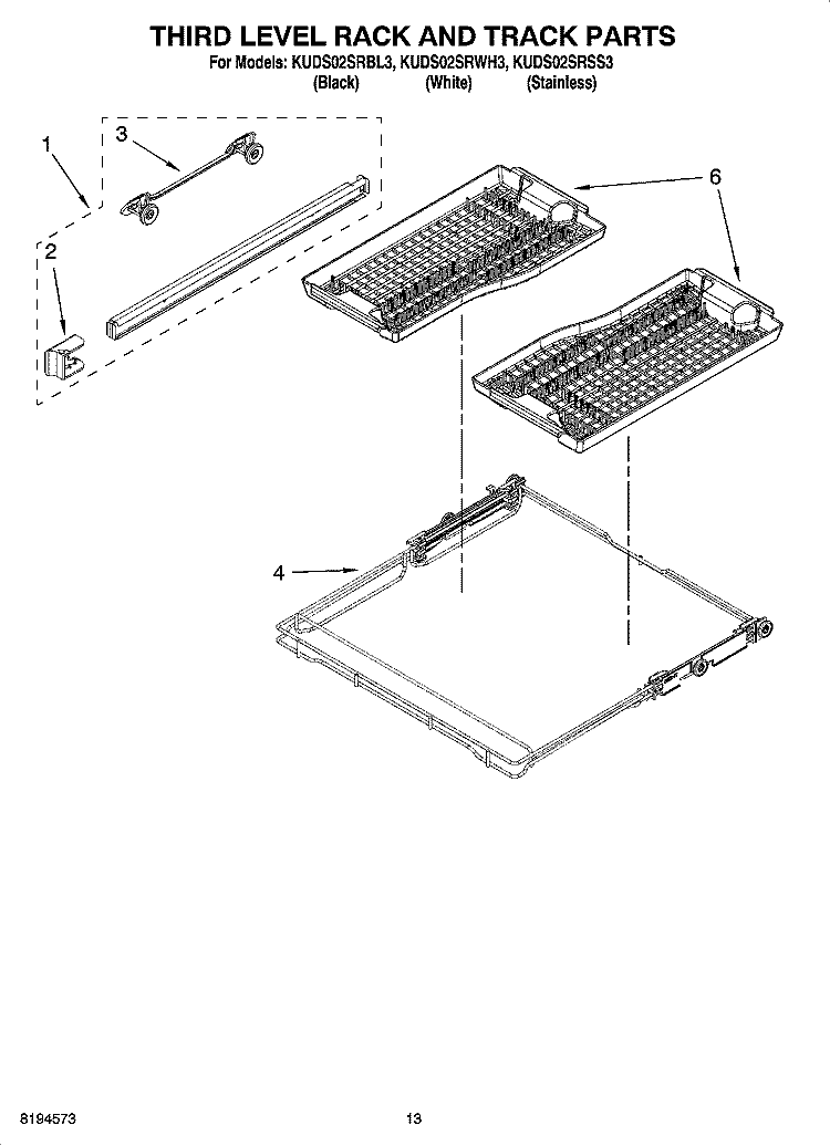 THIRD LEVEL RACK AND TRACK PARTS Diagram and Parts List for KUDS02SRSS3  KitchenAid Dishwasher
