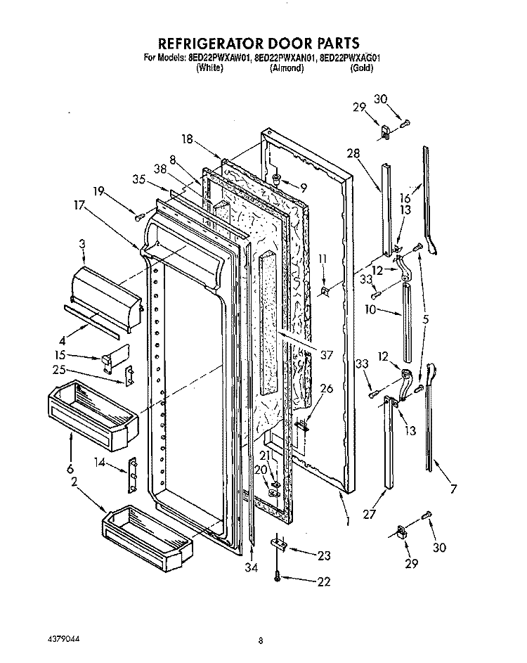REFRIGERATOR DOOR Diagram and Parts List for 8ED22PWXAW01  Whirlpool Refrigerator