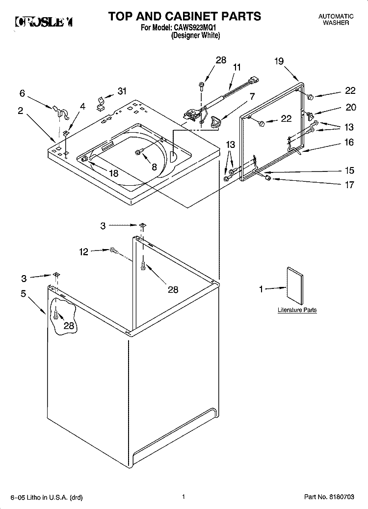 TOP AND CABINET PARTS Diagram and Parts List for CAWS923MQ1  Crosley Washer
