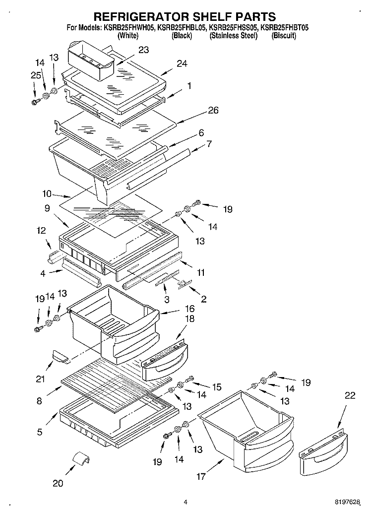 REFRIGERATOR SHELF Diagram and Parts List for KSRB25FHBT05  KitchenAid Refrigerator