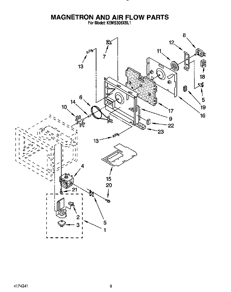 MAGNETRON AND AIR FLOW Diagram and Parts List for KEMS306XWH1  KitchenAid Wall Oven