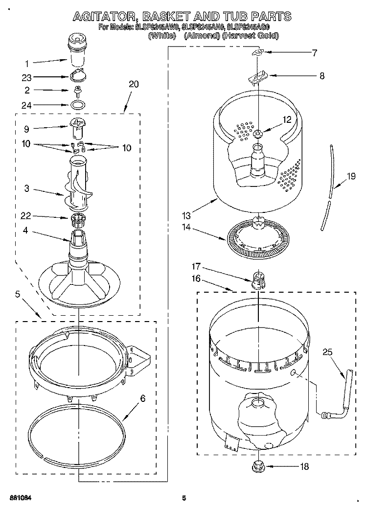 AGITATOR, BASKET AND TUB Diagram and Parts List for 8LSP8245AG0  Whirlpool Washer