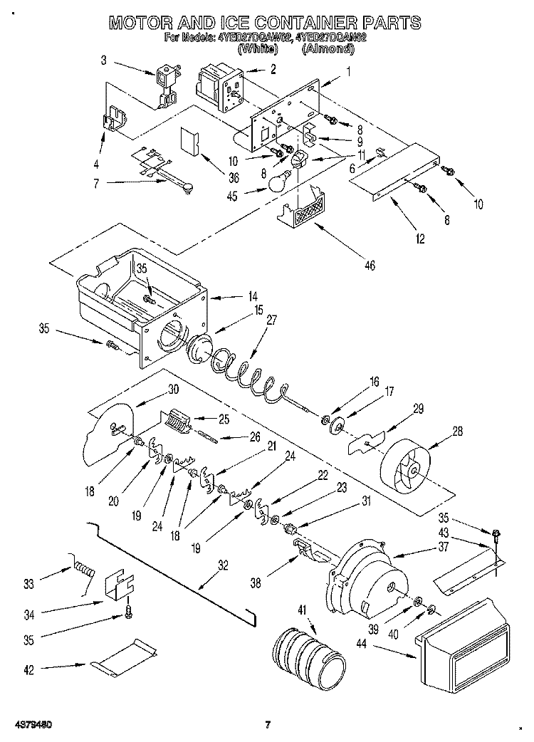 MOTOR AND ICE CONTAINER Diagram and Parts List for 4YED27DQAN02  Whirlpool Refrigerator