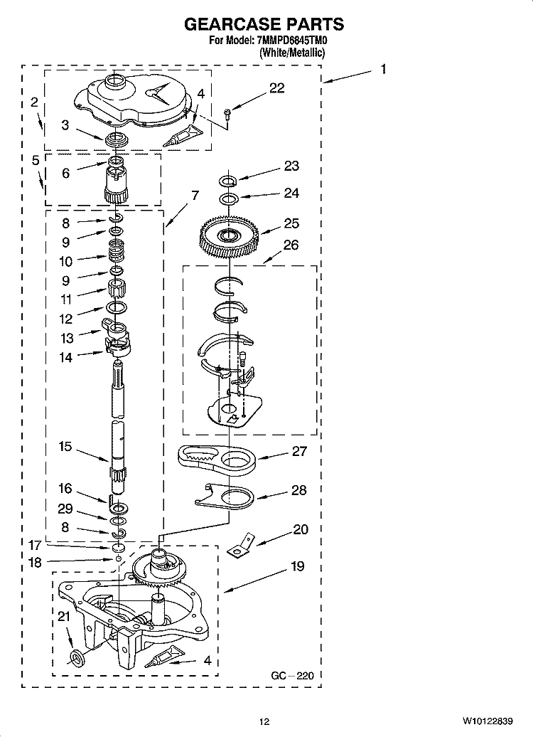GEARCASE PARTS, OPTIONAL PARTS (NOT INCLUDED) Diagram and Parts List for 7MMPD6845TM0  Whirlpool Washer