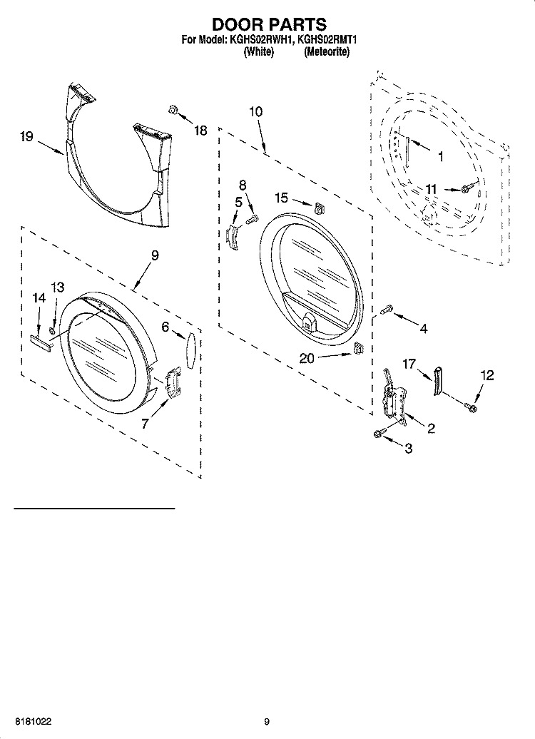 DOOR PARTS, OPTIONAL PARTS (NOT INCLUDED) Diagram and Parts List for KGHS02RMT1  KitchenAid Dryer