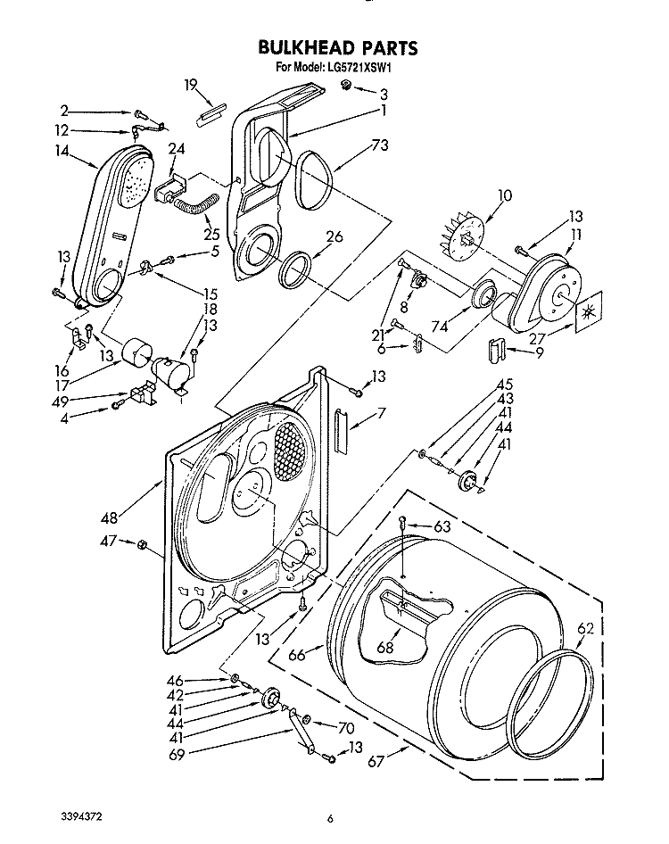 BULKHEAD Diagram and Parts List for LG5721XSW1  Whirlpool Dryer