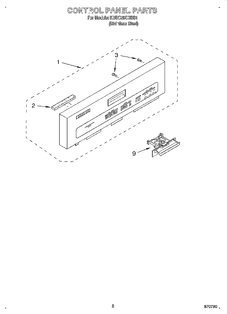 CONTROL PANEL Diagram and Parts List for KUDC25CHSS1  KitchenAid Dishwasher