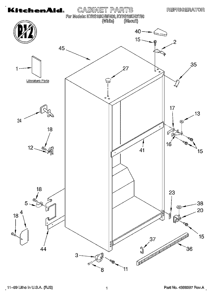 CABINET, LITERATURE Diagram and Parts List for KTRS19KHBT00  KitchenAid Refrigerator