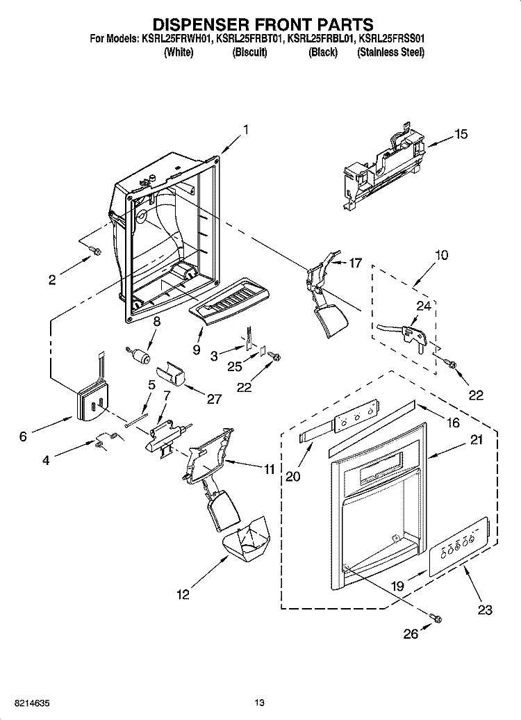 DISPENSER FRONT PARTS Diagram and Parts List for KSRL25FRBL01  KitchenAid Refrigerator