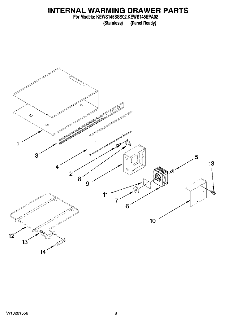 INTERNAL WARMING DRAWER PARTS Diagram and Parts List for KEWS145SPA02  KitchenAid Warming Drawer