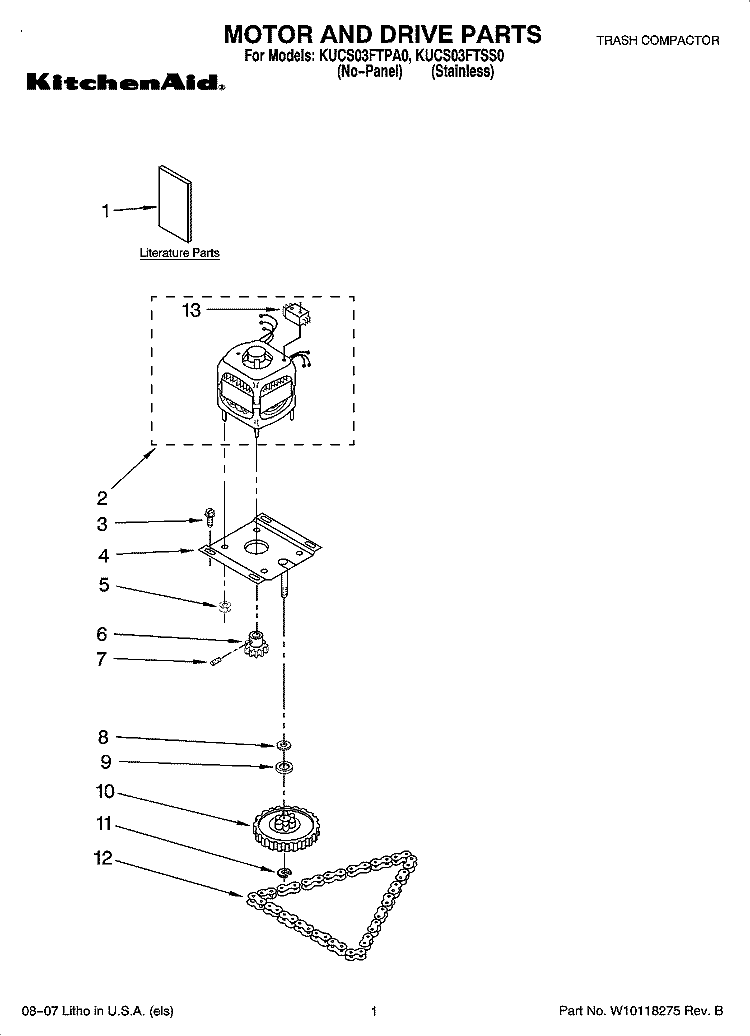 MOTOR AND DRIVE PARTS Diagram and Parts List for KUCS03FTSS0  KitchenAid Trash Compactor