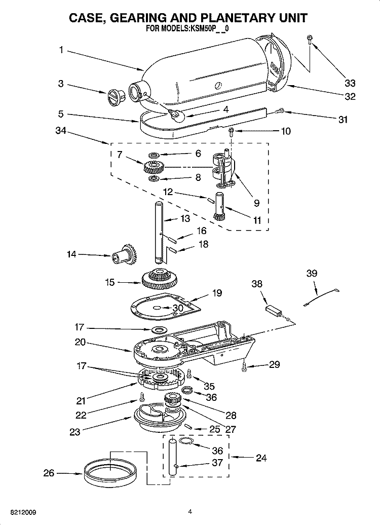 CASE, GEARING AND PLANETARY UNIT Diagram and Parts List for 4KSM50POB0  KitchenAid Mixer