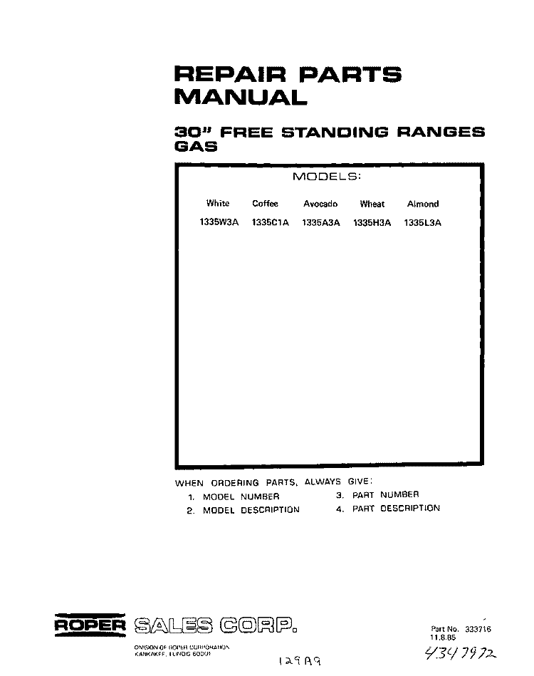 BACKGUARD Diagram and Parts List for 1335W3A  Roper Range