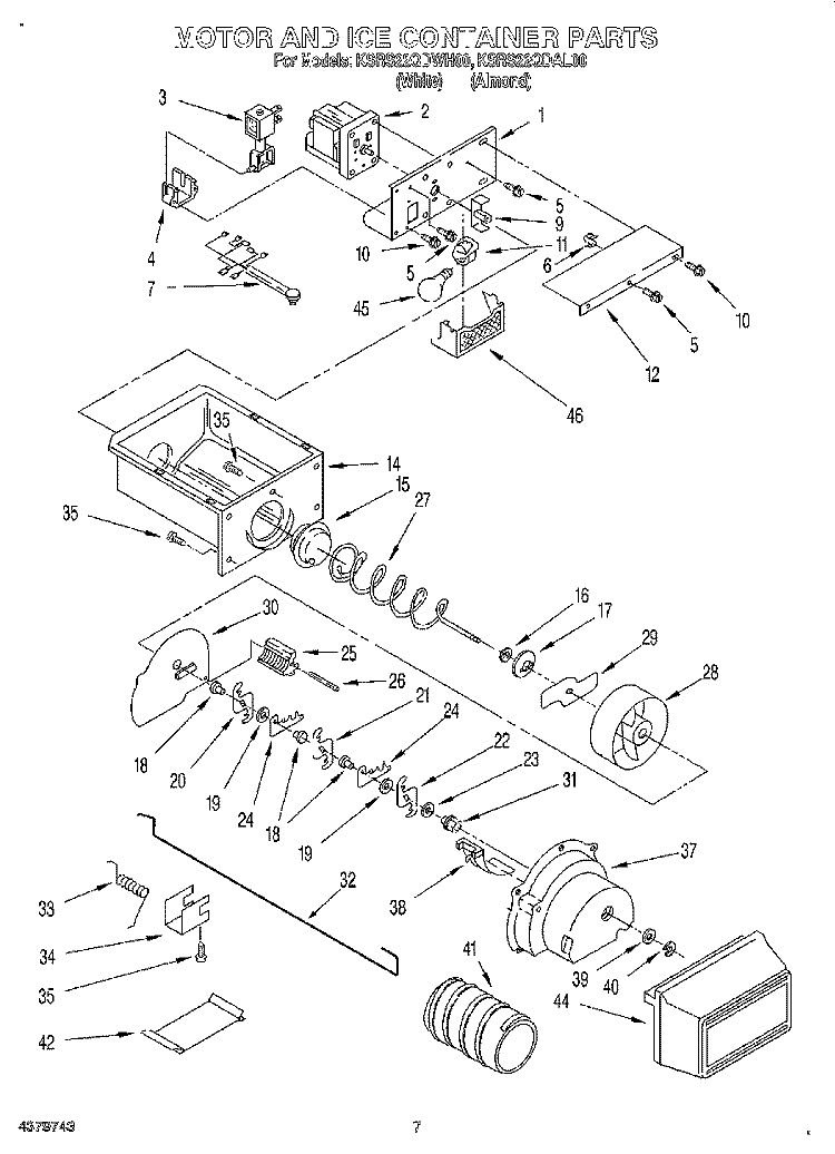MOTOR AND ICE CONTAINER Diagram and Parts List for KSRS22QDAL00  KitchenAid Refrigerator